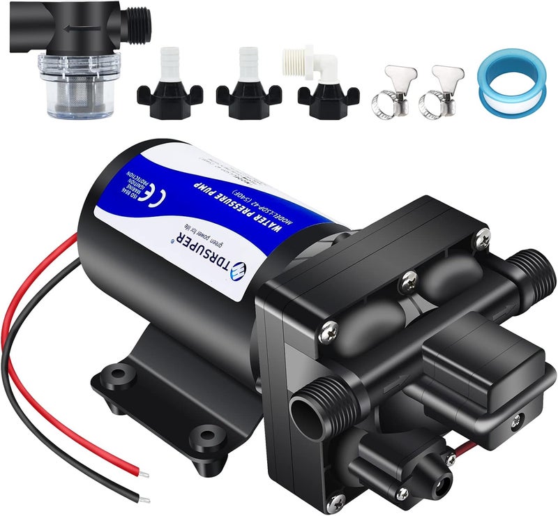 TDRSUPER Water Pressure Booster Pump, 12V DC Water Diaphragm Pump, 5GPM 70PSI with Power Plug, Self Priming RV Water Pump for Home Kitchen Bathroom RV Marine Yacht Garden Hose - Image 1